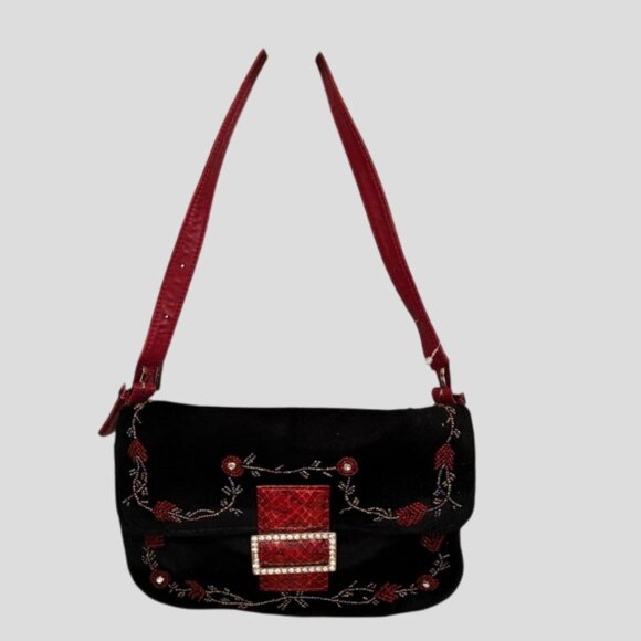 Elegant Black and Red Beaded Brushed Velvet Crossbody Shoulder Bag - Picture 3 of 15